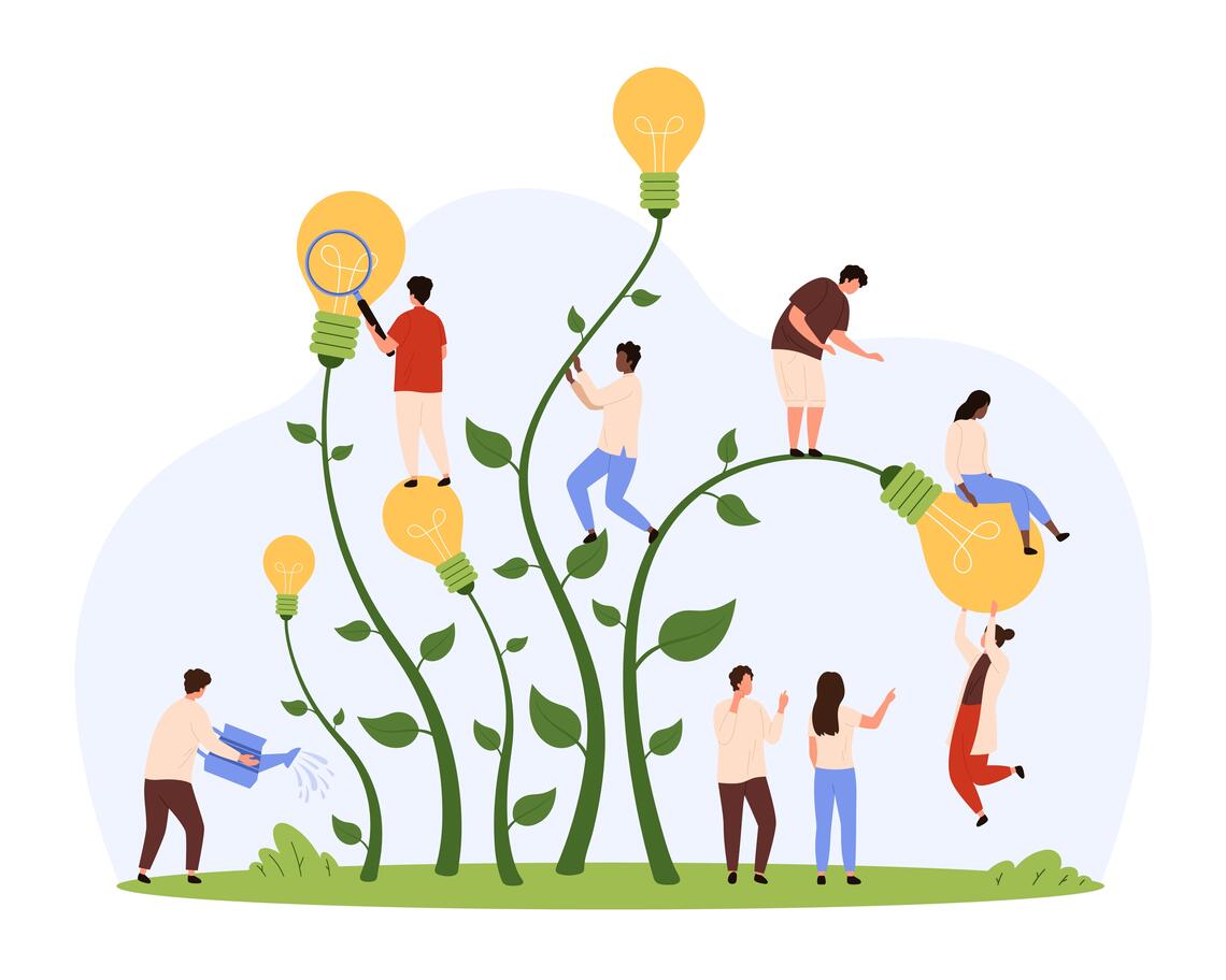 A cartoon photo of lightbulbs growing on vines and various people climbing them.